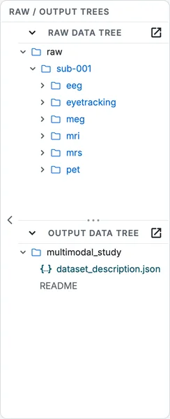 The raw data tree with the sample's folders: eeg, eyetracking, meg, mri, mrs and pet.