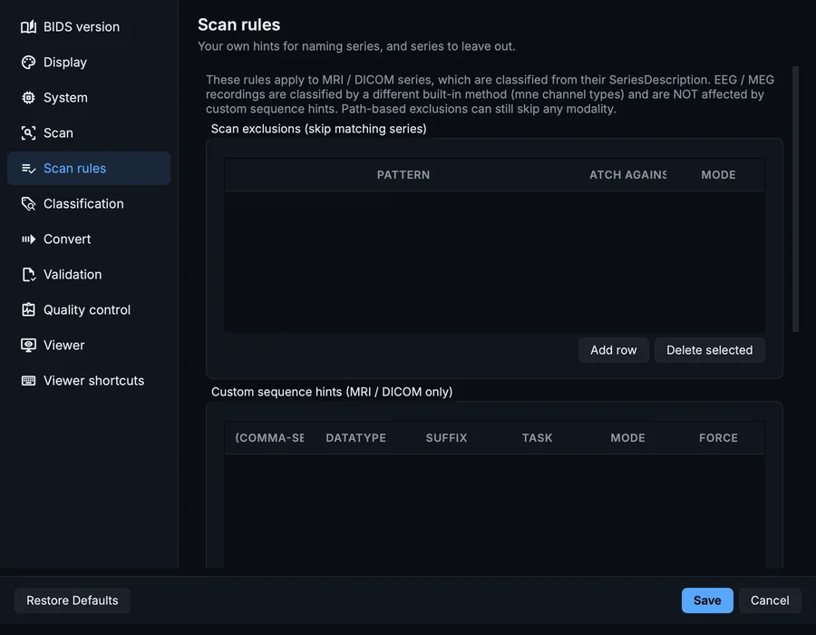 Settings, Scan rules page: series to leave out, your own naming hints, and the built-in criteria.