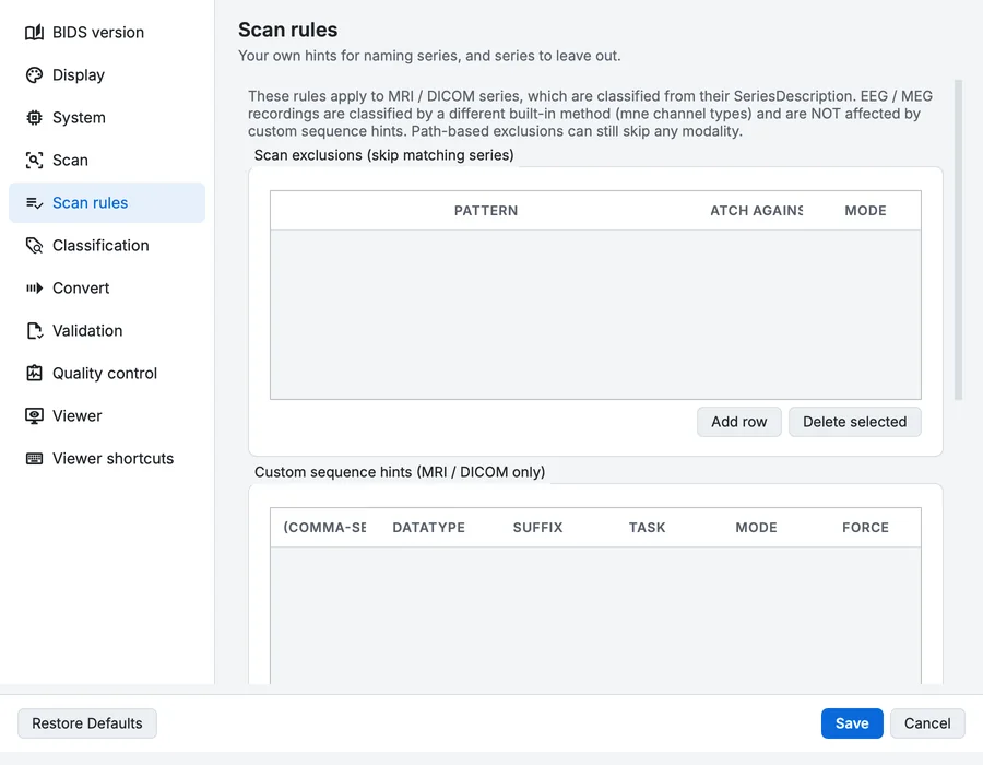 Settings, Scan rules page: series to leave out, your own naming hints, and the built-in criteria.