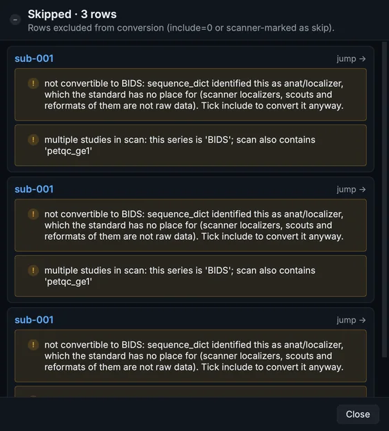 The Skipped list: three scout reconstructions and the PhoenixZIPReport, each with the reason it is left out.