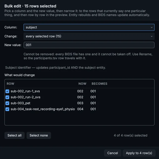 Bulk edit with 15 rows selected: the subject column set to 001, and the four rows it would change listed with their names now and after.