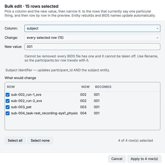 Bulk edit with 15 rows selected: the subject column set to 001, and the four rows it would change listed with their names now and after.