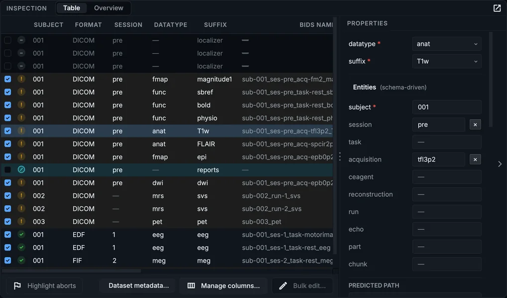 The scan table after the scan, with the T1w row selected.