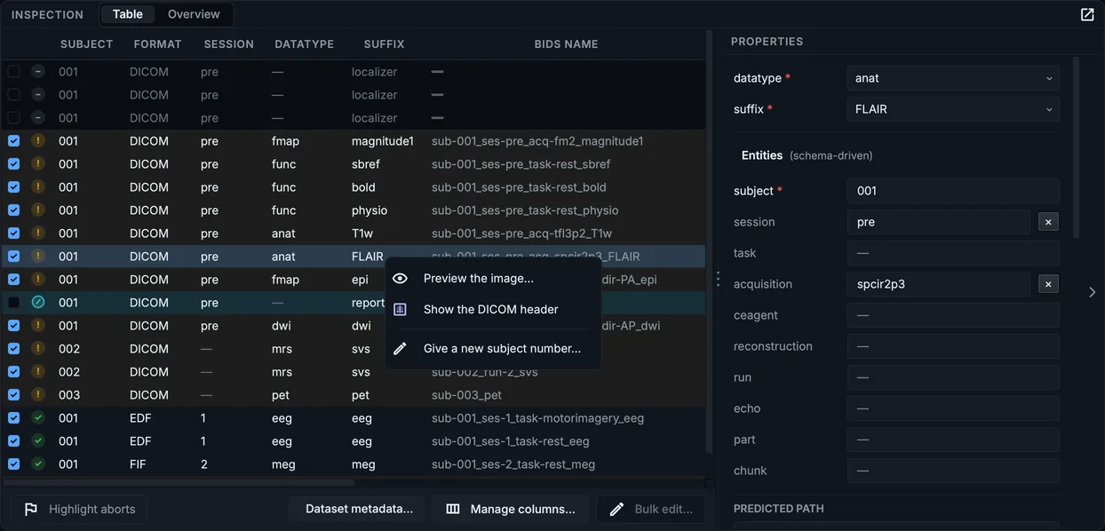 The table's right-click menu on the FLAIR row: preview the image, show the DICOM header, or give the person a new subject number.