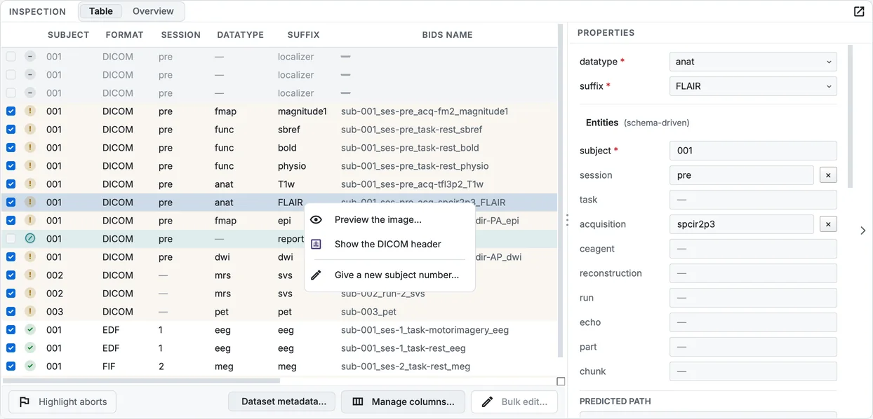 The table's right-click menu on the FLAIR row: preview the image, show the DICOM header, or give the person a new subject number.