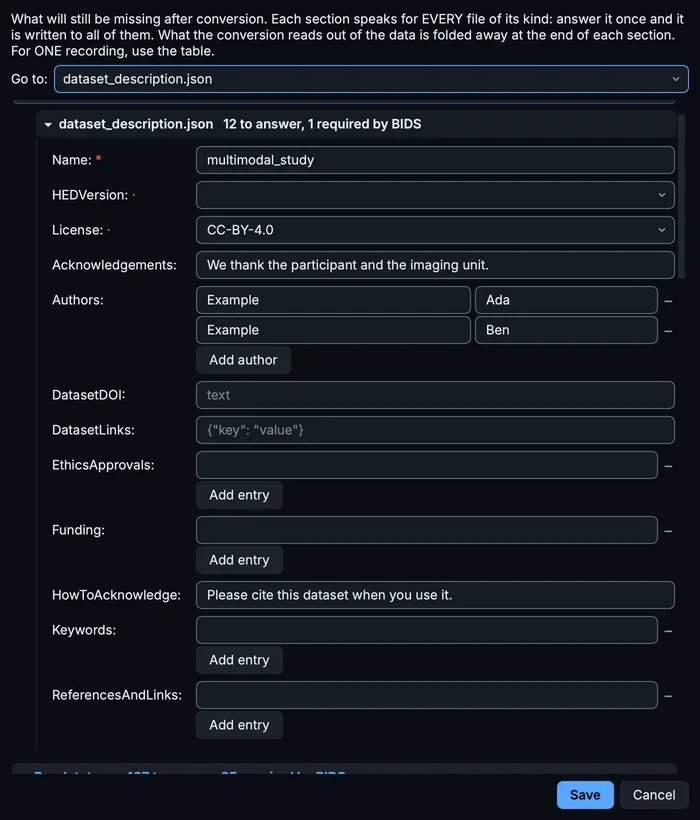 The dataset_description.json section with two authors, a licence, acknowledgements and how to acknowledge filled in.