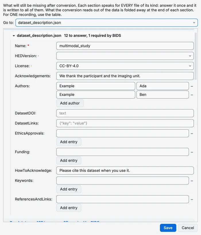 The dataset_description.json section with two authors, a licence, acknowledgements and how to acknowledge filled in.