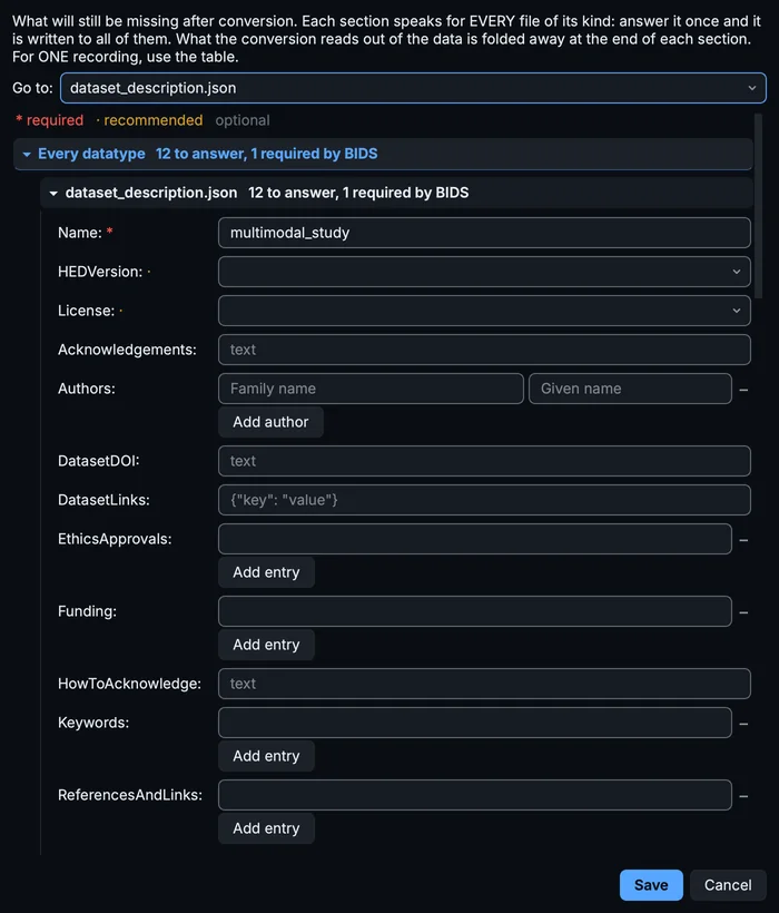 The Dataset metadata dialog: dataset_description.json first, then one section per kind of file, each saying how many questions it has.