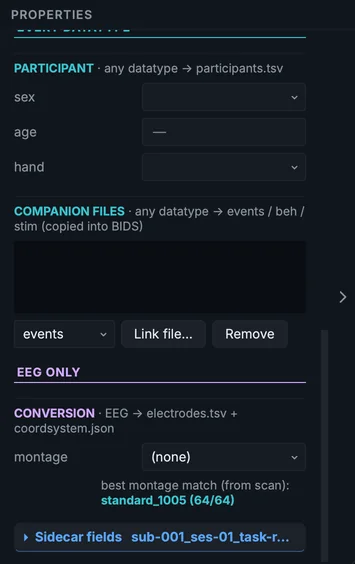 The Properties panel of the resting EEG row, scrolled to its minimal metadata: the participant, companion files, and the EEG acquisition fields.