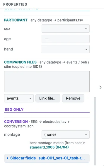 The Properties panel of the resting EEG row, scrolled to its minimal metadata: the participant, companion files, and the EEG acquisition fields.