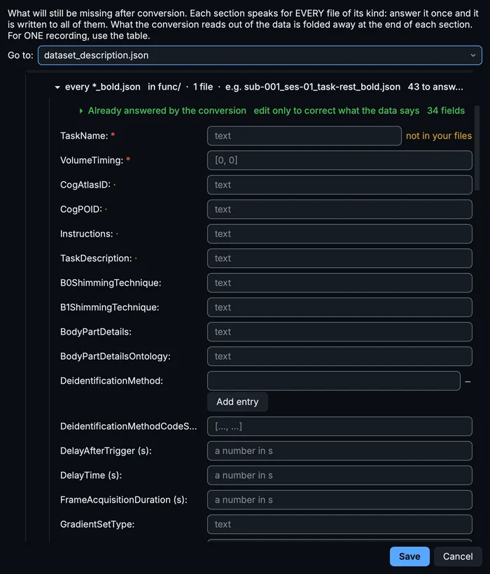 The section for every *_bold.json: the task's description and instructions asked once, written into every BOLD run's sidecar.
