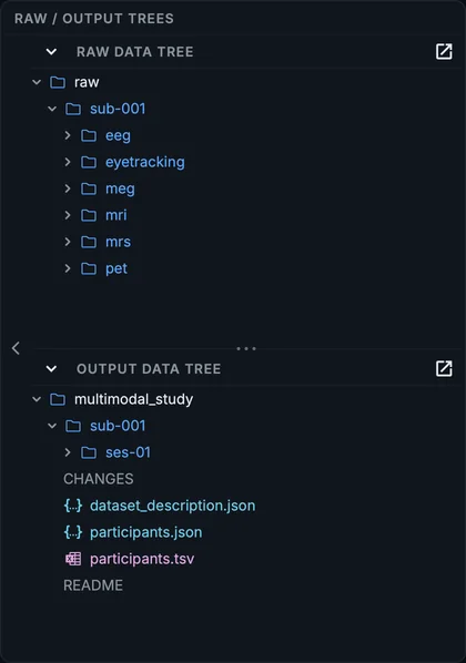 The output data tree after the conversion: the dataset's files under sub-001/ses-01, one folder per datatype.