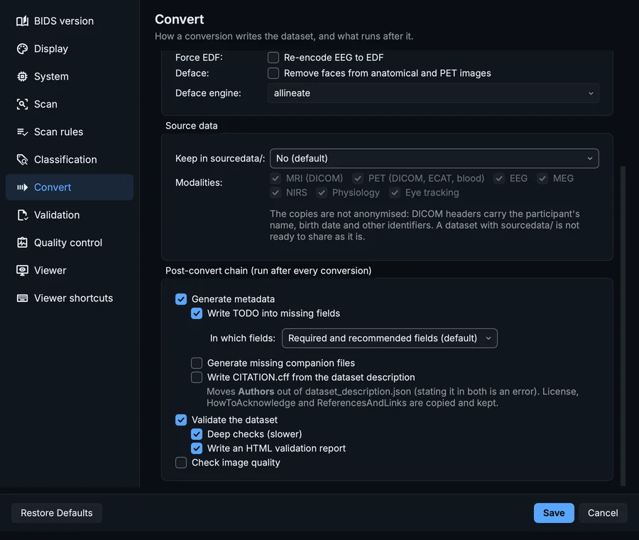 Settings, Convert page, further down: source data and the post-convert chain that runs after every conversion.