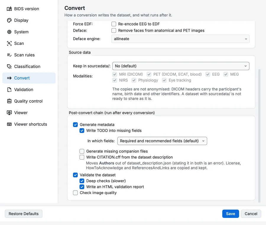Settings, Convert page, further down: source data and the post-convert chain that runs after every conversion.