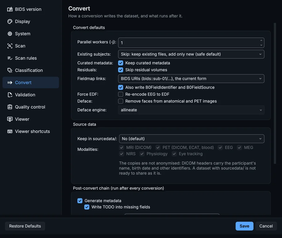 Settings, Convert page: existing subjects, curated metadata, residuals, fieldmap links, EEG to EDF and defacing.