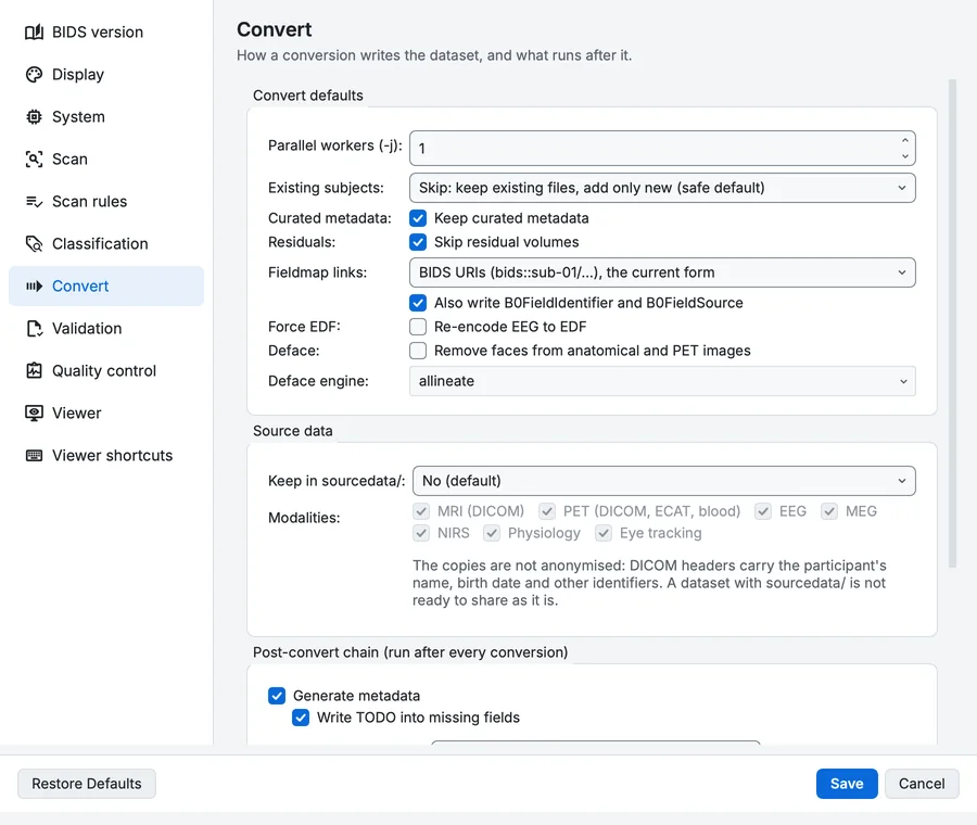 Settings, Convert page: existing subjects, curated metadata, residuals, fieldmap links, EEG to EDF and defacing.