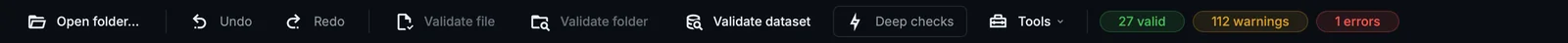 The Editor's toolbar after validating the dataset: 27 files clean, 112 warnings and 1 error.