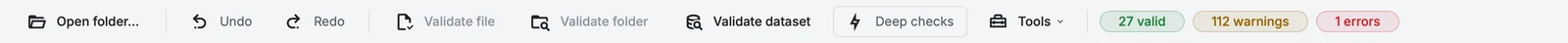 The Editor's toolbar after validating the dataset: 27 files clean, 112 warnings and 1 error.