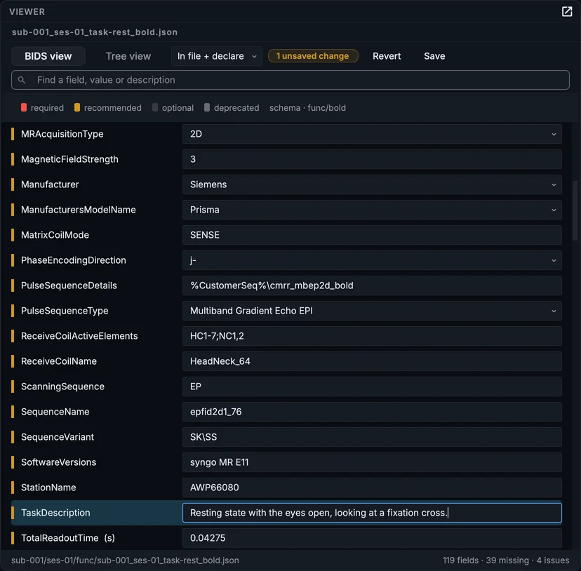 The task description typed into the BOLD run's sidecar: the toolbar says there is an unsaved change until Save.