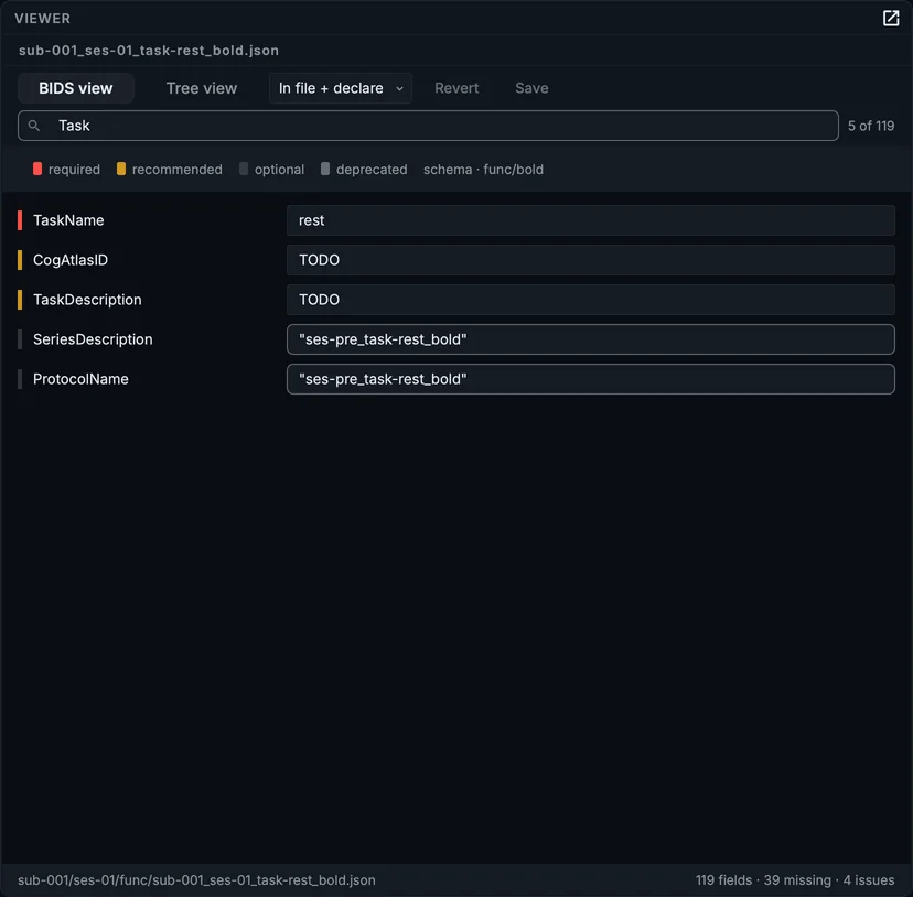 Searching the sidecar for Task: only the fields whose name, value or description match stay, with the count.