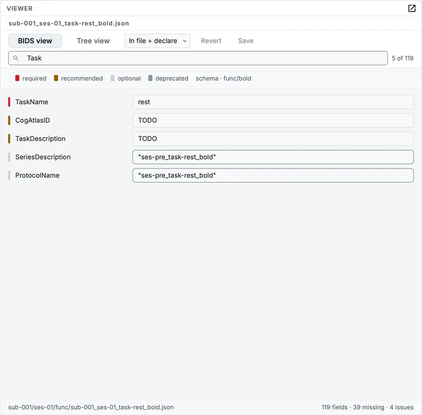 Searching the sidecar for Task: only the fields whose name, value or description match stay, with the count.