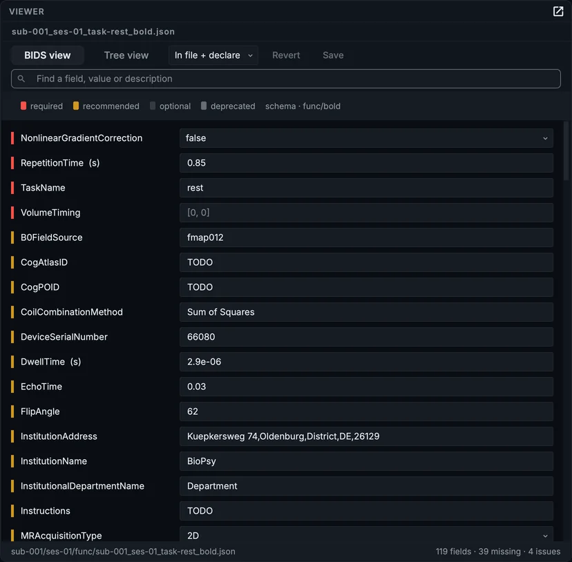 The BOLD run's sidecar in the BIDS view: its fields grouped by level, each with the standard's description, findings marked.