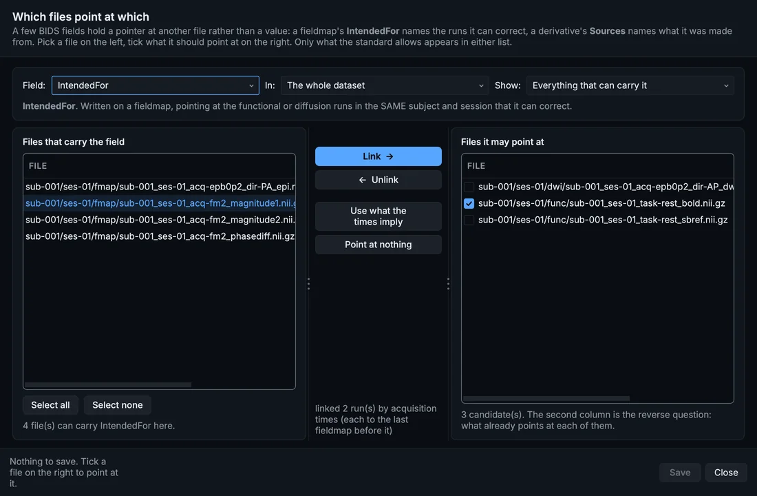 References between files: the fieldmap and the run its IntendedFor names.