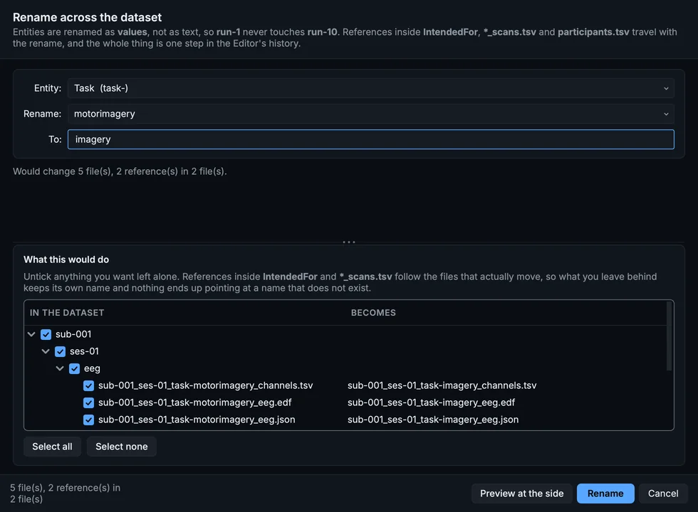 Rename an entity: the task motorimagery renamed to imagery, with every file that moves and every reference that follows.