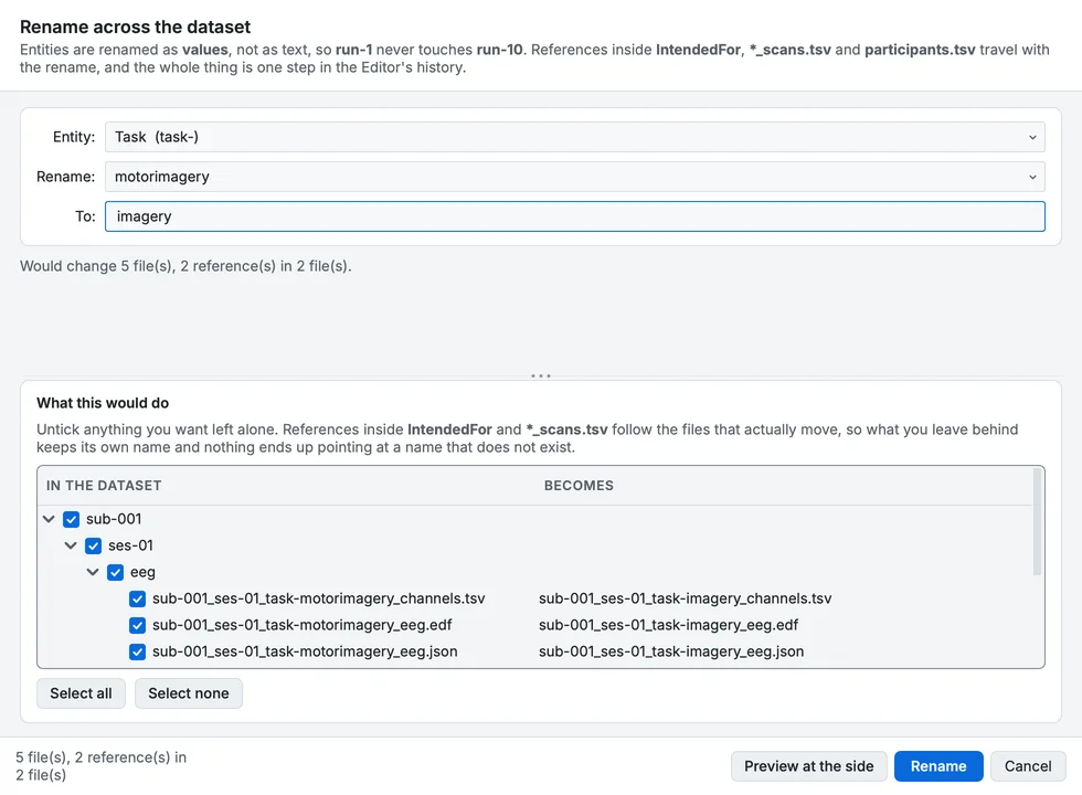 Rename an entity: the task motorimagery renamed to imagery, with every file that moves and every reference that follows.