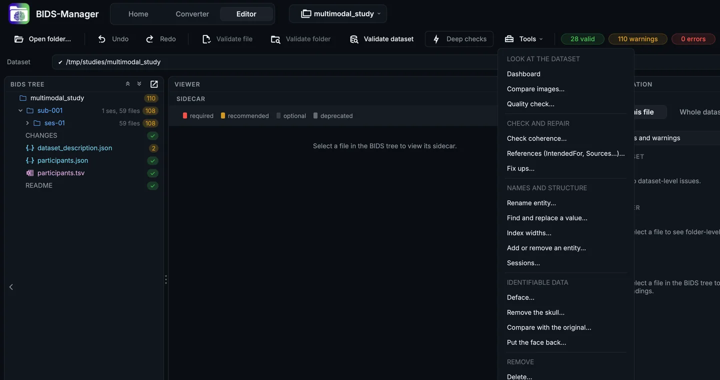 The Editor's Tools menu: look at the dataset, check and repair, names and structure, identifiable data, remove.