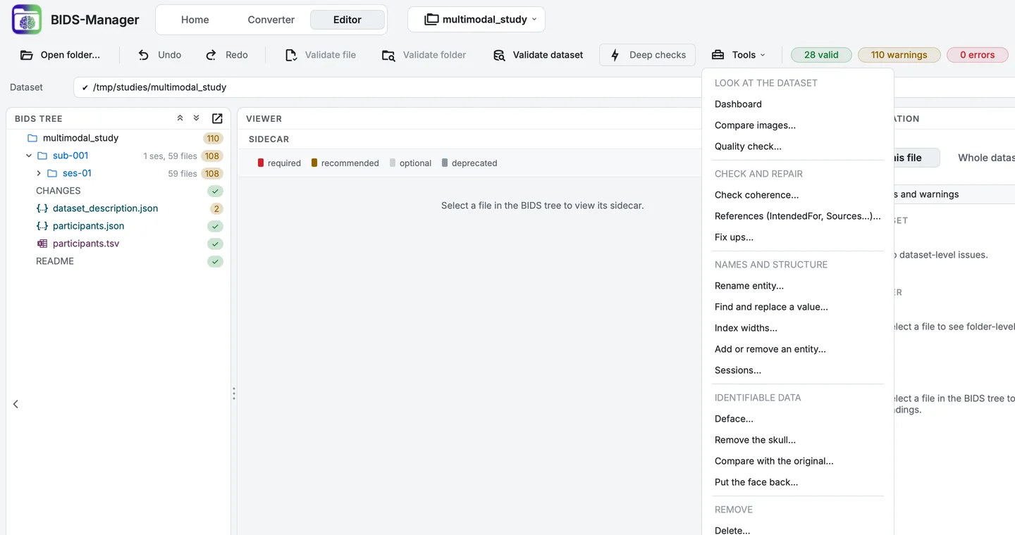 The Editor's Tools menu: look at the dataset, check and repair, names and structure, identifiable data, remove.