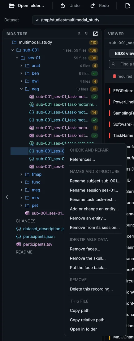 The BIDS tree's right-click menu on the resting EEG recording: references, rename its entities, add or remove one, take it out of its session, remove a face, delete it, and copy its path.