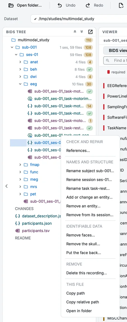 The BIDS tree's right-click menu on the resting EEG recording: references, rename its entities, add or remove one, take it out of its session, remove a face, delete it, and copy its path.