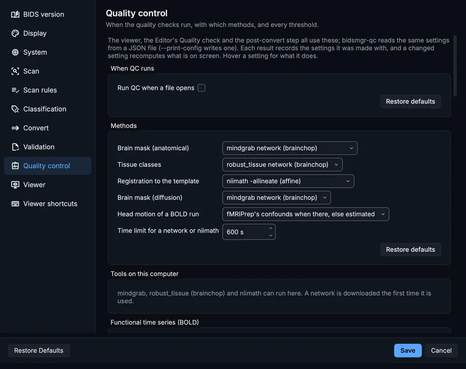 Settings, Quality control page: when QC runs, the methods, and the thresholds of every check.