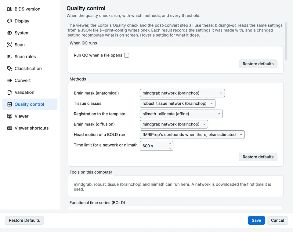 Settings, Quality control page: when QC runs, the methods, and the thresholds of every check.