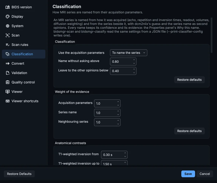 Settings, Classification page: how the parameter classifier names MRI series, the weight of each kind of evidence, and the first of its thresholds.