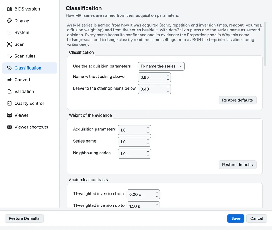 Settings, Classification page: how the parameter classifier names MRI series, the weight of each kind of evidence, and the first of its thresholds.