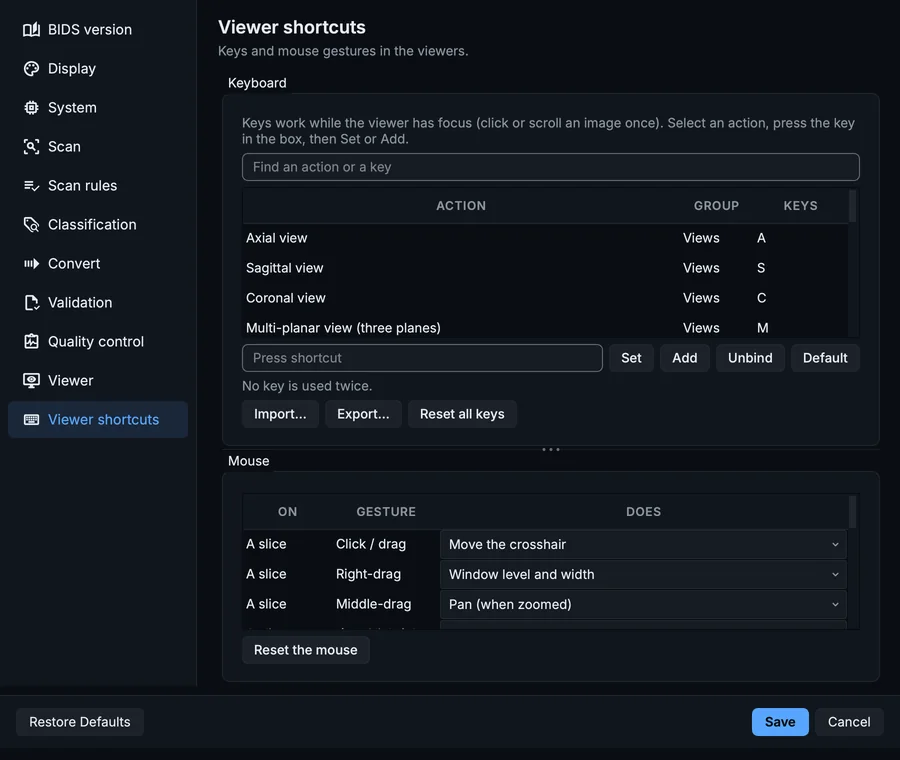 Settings, Viewer shortcuts page: every key and mouse gesture of the viewers, each of which can be changed.