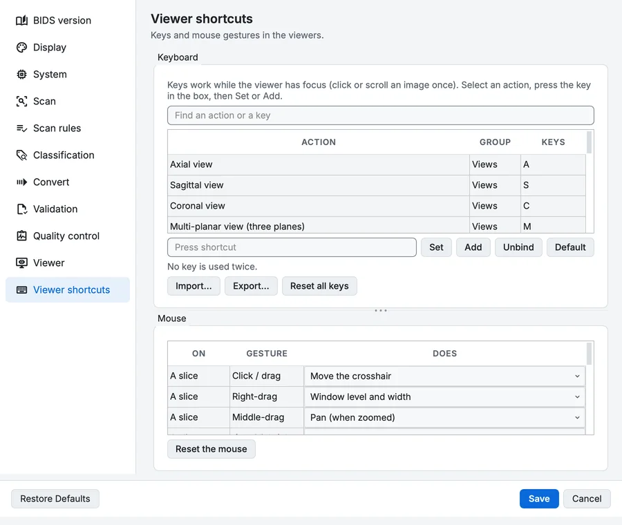 Settings, Viewer shortcuts page: every key and mouse gesture of the viewers, each of which can be changed.