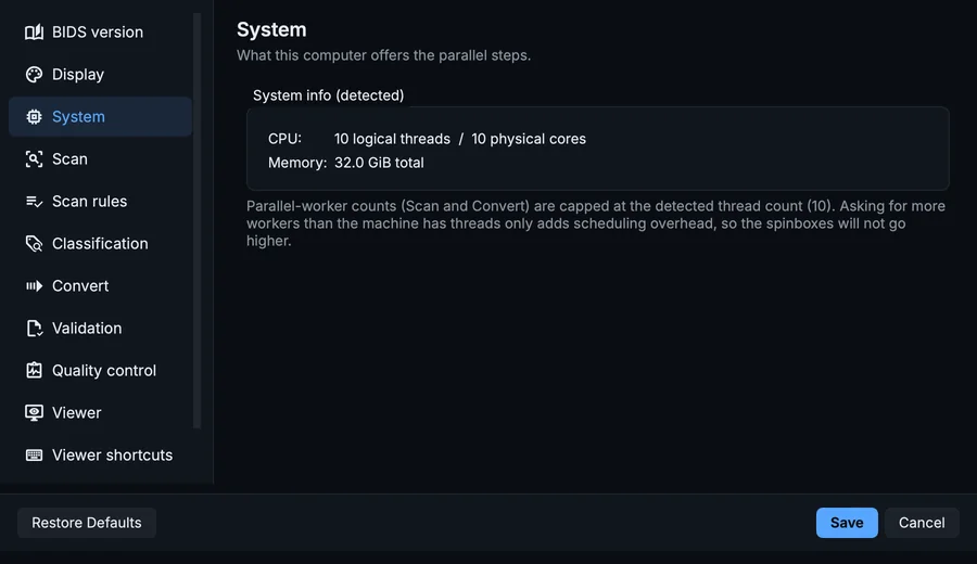 Settings, System page: the processor threads and memory BIDS Manager detected on this computer.