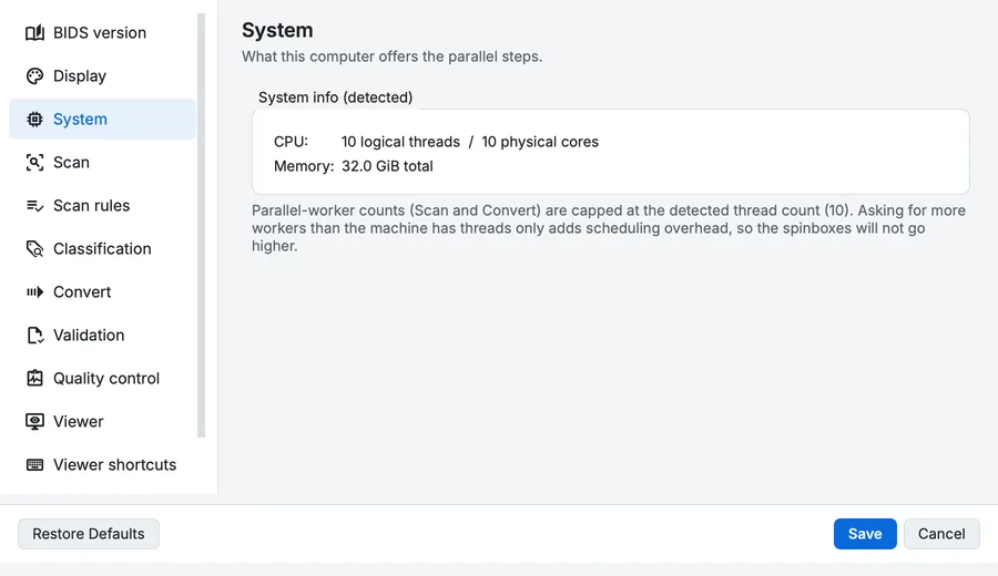 Settings, System page: the processor threads and memory BIDS Manager detected on this computer.