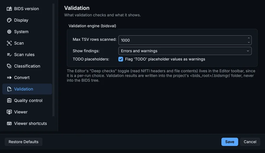 Settings, Validation page: the rows read per table, which findings the Editor shows, and TODO placeholders.