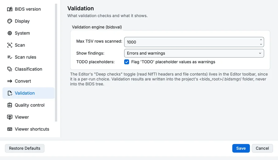Settings, Validation page: the rows read per table, which findings the Editor shows, and TODO placeholders.