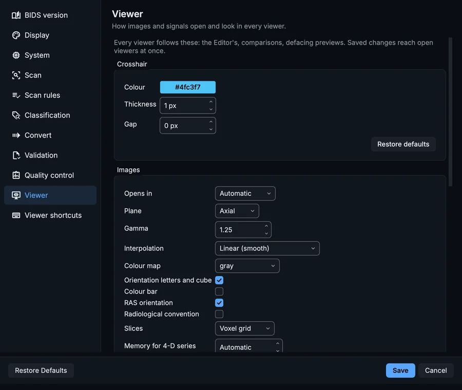 Settings, Viewer page: the crosshair, how images and signals open, and the 3-D view.