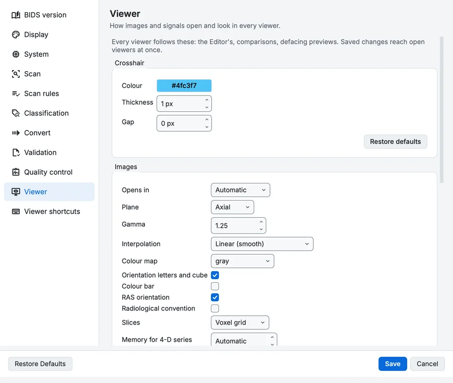 Settings, Viewer page: the crosshair, how images and signals open, and the 3-D view.