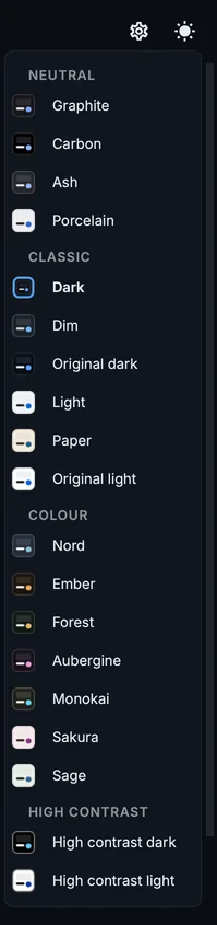 The theme menu, opened from the sun or moon button in the header: the themes in groups, each with its colours, and the current one ticked.