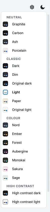 The theme menu, opened from the sun or moon button in the header: the themes in groups, each with its colours, and the current one ticked.