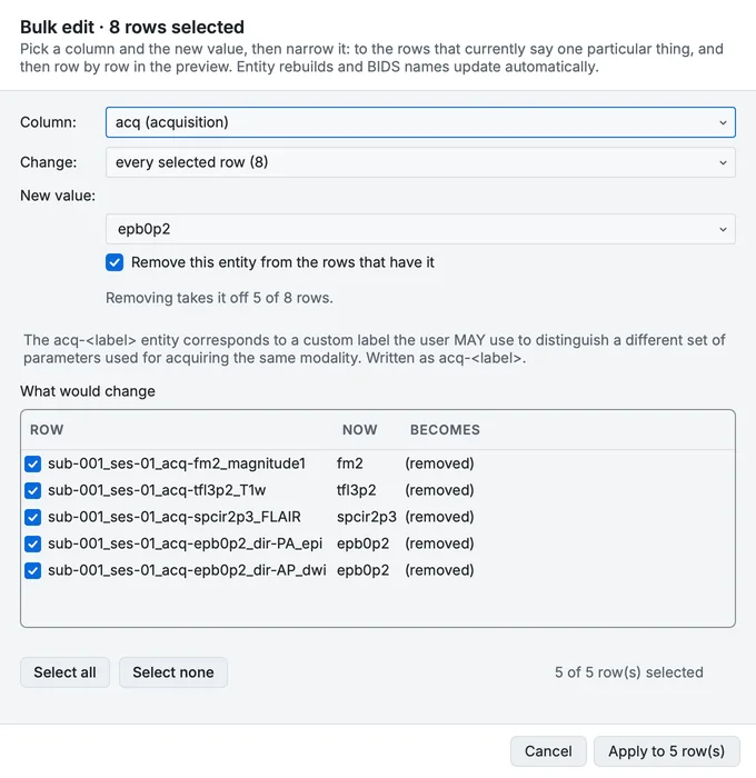 Bulk edit on the MRI rows: Remove this entity from the rows that have it, for the acquisition label. The list shows each name now and after; rows without the label are left alone.