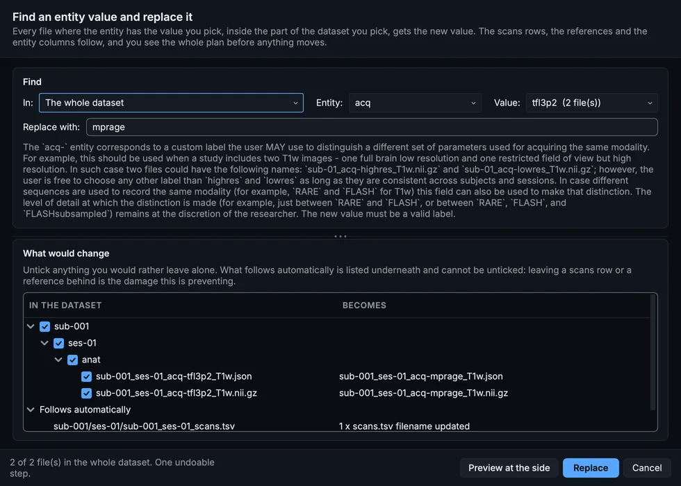 Find and replace an entity value: every acq-tfl3p2 in the dataset becomes acq-mprage, files and references together.