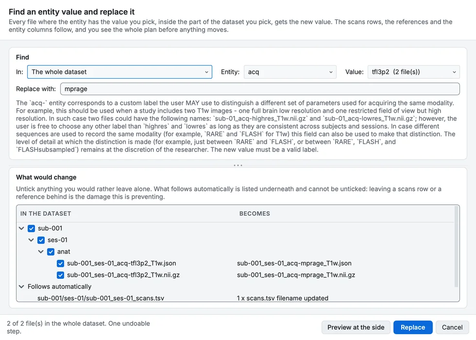 Find and replace an entity value: every acq-tfl3p2 in the dataset becomes acq-mprage, files and references together.